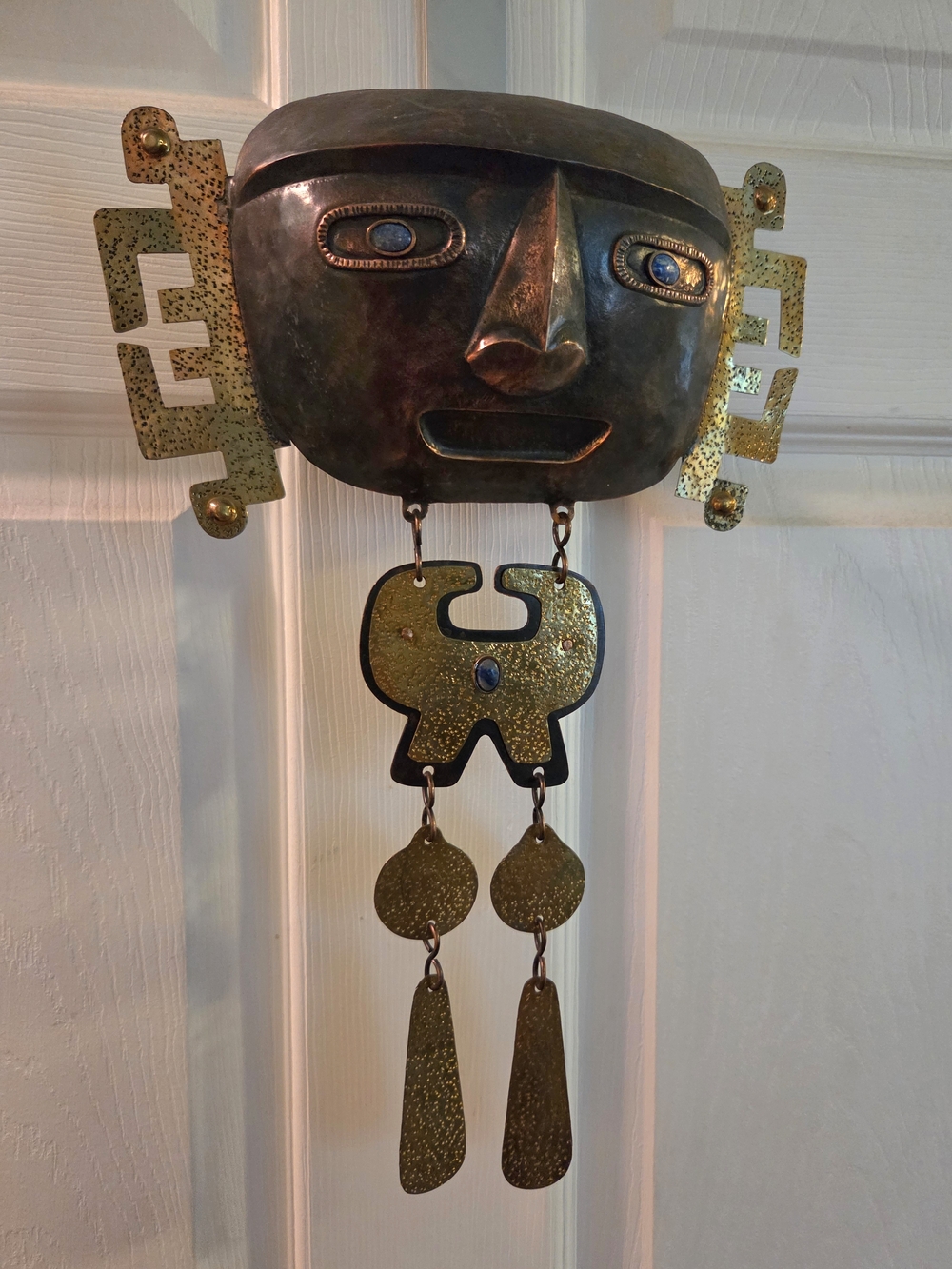 Tribal Mask Wall Hanging w/ Dangling Charms - Tooled Copper and Brass w/lapis
